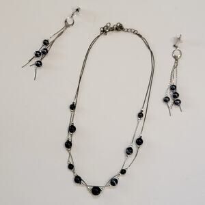 Vintage Black Beads Necklace and Earrings Set Silver Tone Layered Chain Jewelry
